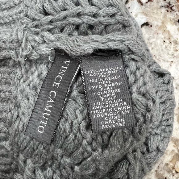 Vince Camuto Gray Cable Knit Fur Pom Pom Beanie - Picture 2 of 6
